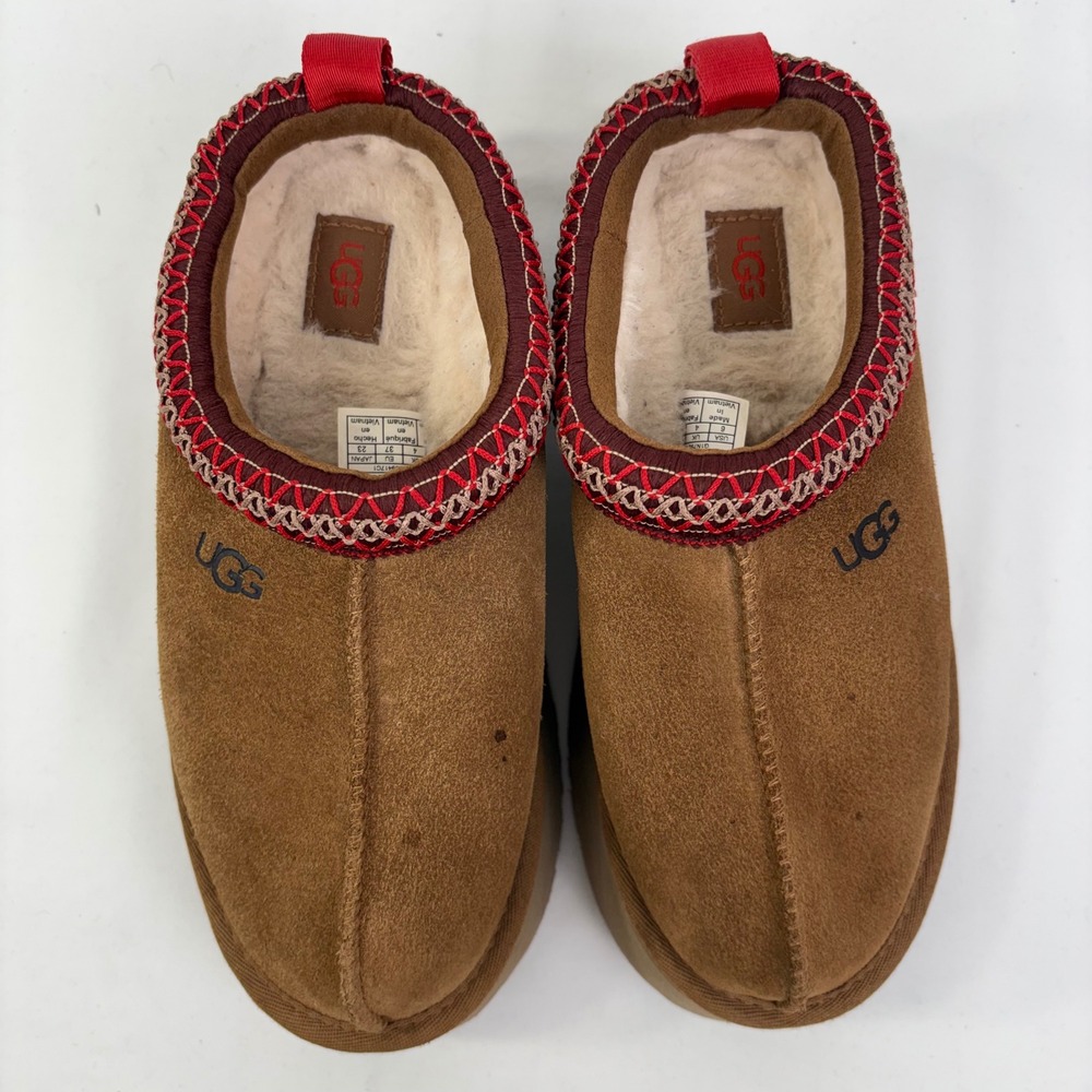 UGG Women's Tazz Suede Platform Slippers Clogs Chestnut Sheepskin Size 6 - Picture 5 of 12